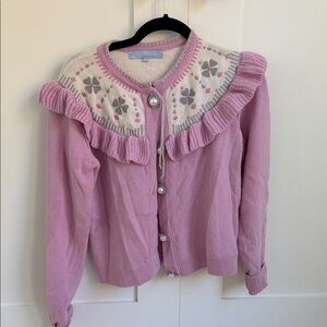Hill House Size S Pink Ruffled Cardigan with Patterned Yoke